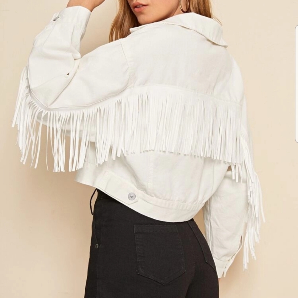 ●BACK● NEW WHITE WASH FRINGE DETAIL DENIM JACKET